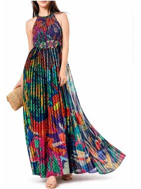 Vacation Wedding Guest Anthropologie Kalinka MaxiDress Sz 10 Pleated Halter Boho